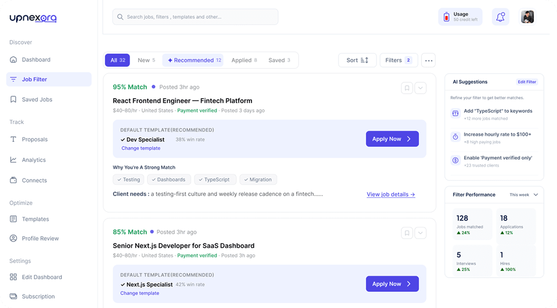 UpNexora Workspace & Job Feed Interface